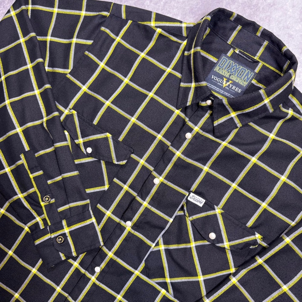 Dixxon Flannel Co x Vogue Tyres Black Yellow Plaid D-Tech Shirt Mens 2X